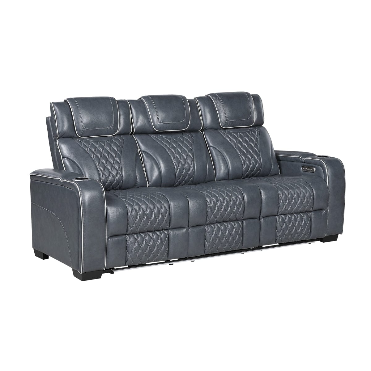 Homelegance - Apex Power Double Reclining Sofa W/ Center Drop-Down Cup Holders, Power Headrests, Storage Arms W/ Cup holders, Reading Lights, Wireless Charger, Air Massage and Heat, LED Lighting and Charging Ports in Blue - 8449BU-3PWHM
