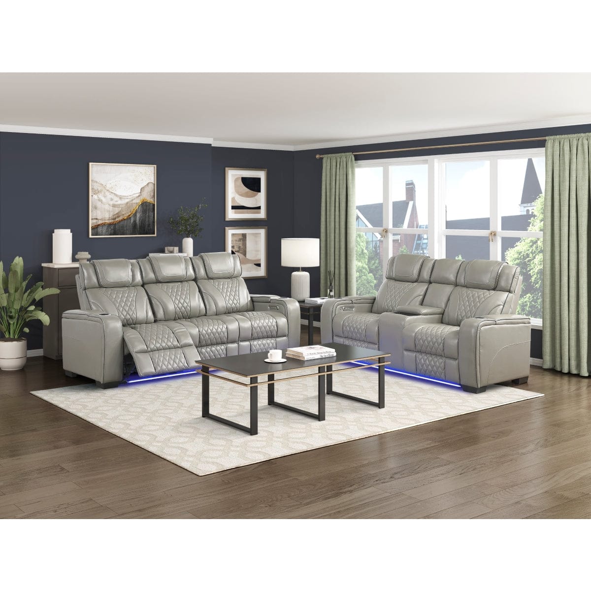 Homelegance - Apex Power Double Reclining Sofa W/ Center Drop-Down Cup Holders, Power Headrests, Storage Arms W/ Cup holders, Reading Lights, Wireless Charger, Air Massage and Heat, LED Lighting and Charging Ports in Gray - 8449GY-3PWHM view 3