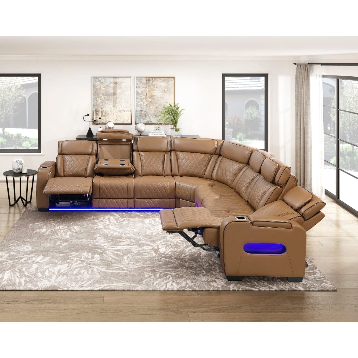 Homelegance - Fairway 3-Piece Power Reclining Sectional W/ Center Power Headrests, Storage Arms, Cup holders, Charging Ports, Reading Lights, Wireless Chargers, Charging Ports and LED in Brown - 9516BRWSx33L3RPWH view 3