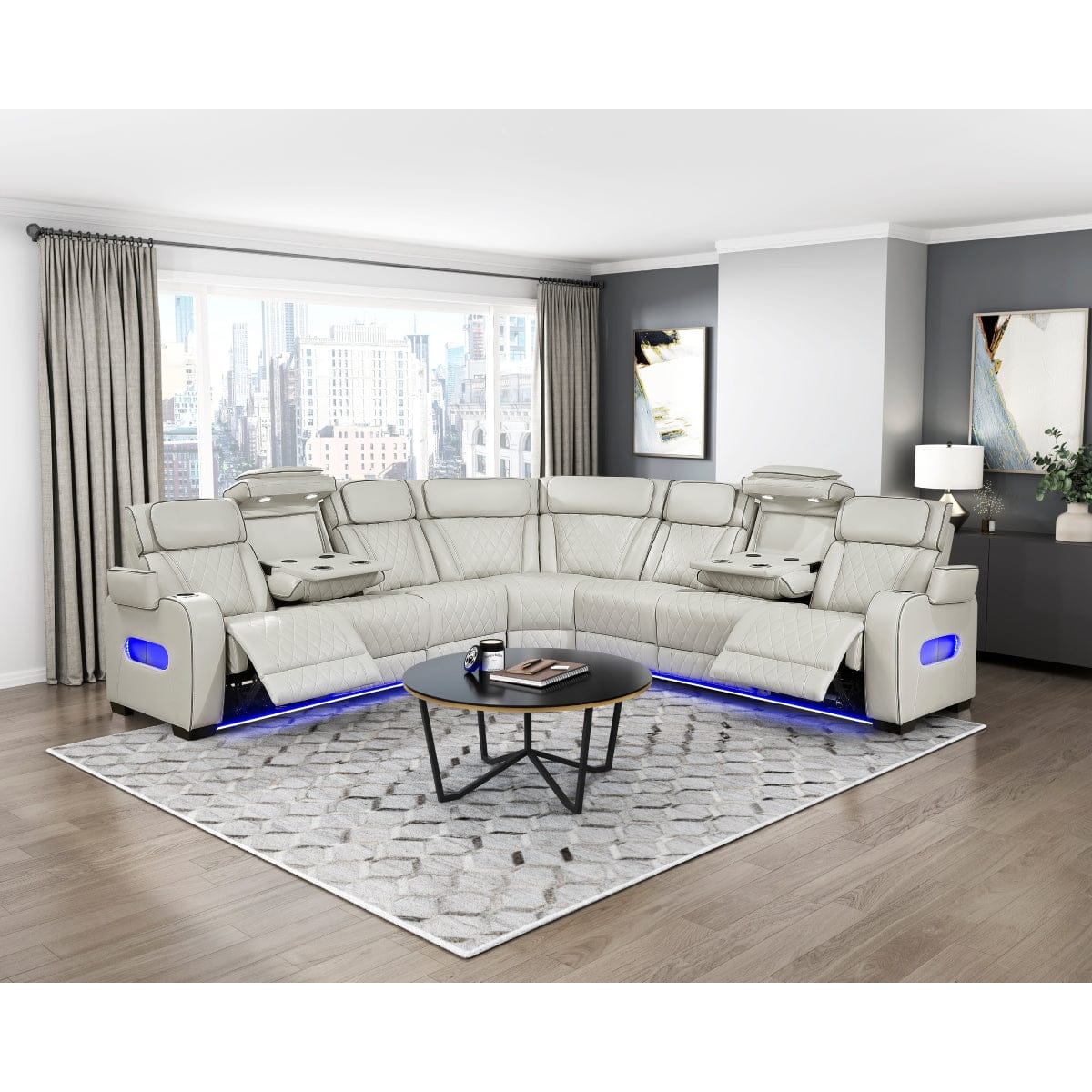 Homelegance - Fairway 3-Piece Power Reclining Sectional W/ Center Power Headrests, Storage Arms, Cup holders, Charging Ports, Reading Lights, Wireless Chargers, Charging Ports and LED in Taupe - 9516TPESx33L3RPWH view 3