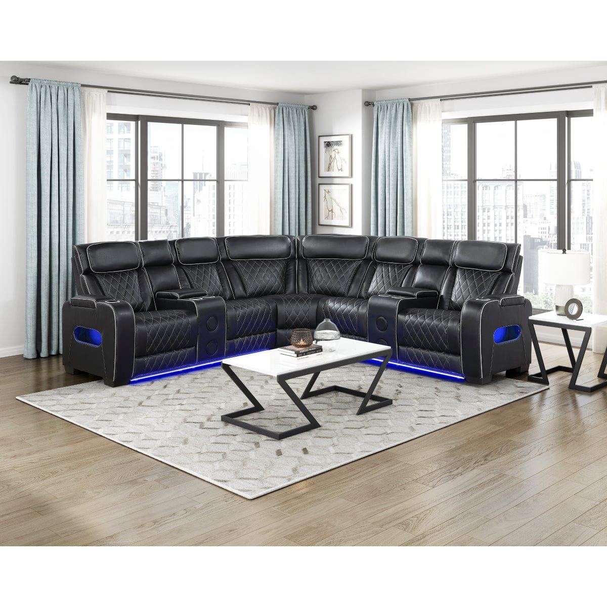 Homelegance - Fairway 3-Piece Power Reclining Sectional W/ Consoles, Power Headrests, Storage Arms(Top and Side), Cup holders, Charging Ports, Wireless speakers and LED lighting in Black - 9516BLKSx32LCN2RCNPWH view 3