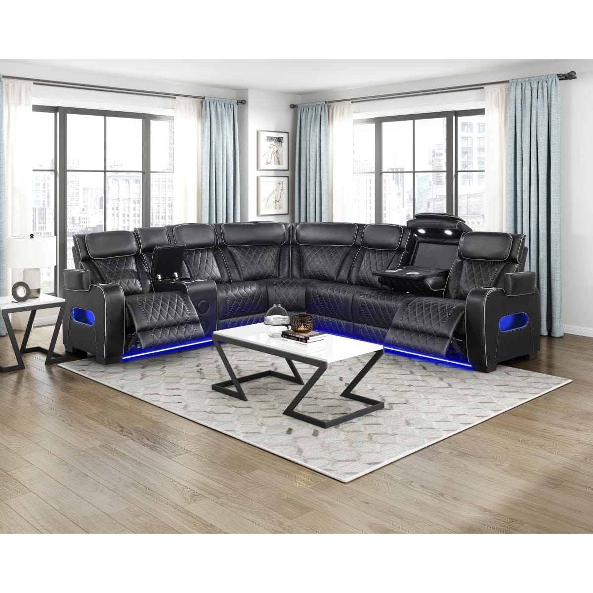 Homelegance - Fairway 3-Piece Power Reclining Sectional W/ Left Side Console, Power Headrests, Storage Arms, Cup holders, Reading Lights, Charging Ports, Wireless speakers, 2 Wireless Chargers, and LED in Black - 9516BLKSx32LCN3RPWH view 3