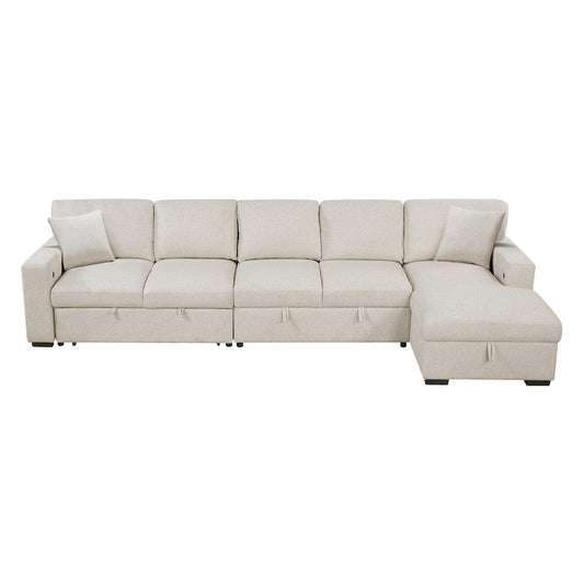 Homelegance - Pompano Sectional W/ Right Chaise, Pull-out Bed, Hidden Storages and Shelves, Charging Ports in Beige - 9630BEx32LRC view 2