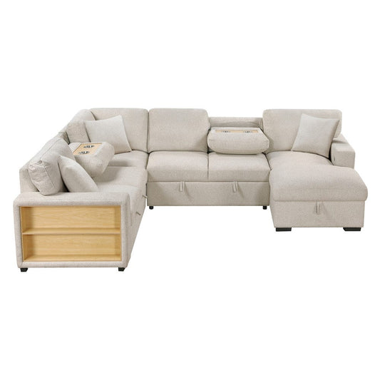 Homelegance - Pompano Sectional W/ Right Chaise, Pull-out Bed, Hidden Storages and Shelves, Charging Ports in Beige - 9630BEx42LRC view 2
