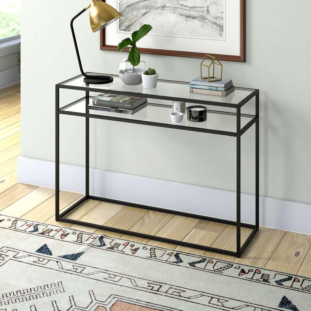 Hudson & Canal - Addison 42in Wide Rectangular Console Table with Glass Shelf in Blackened Bronze - AT1550 veiw 2