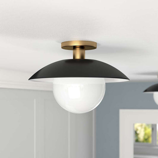 Hudson & Canal - Alvia 14.5in Wide Semi Flush Mount with Metal/Glass Shade in Matte Black/Brass/White - SF1778 veiw 2