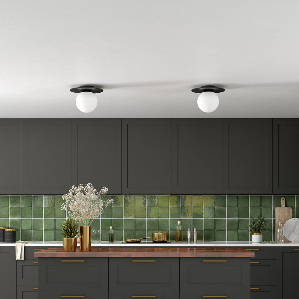 Hudson & Canal - Amma 12in Wide Flush Mount with Glass Shade in Blackened Bronze/White - SF1780