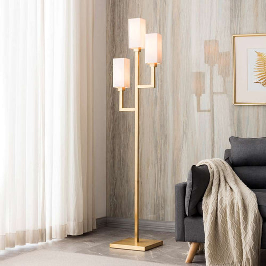 Hudson & Canal - Basso 3-Light Torchiere Floor Lamp with Fabric Shade in Brass/White - FL0601 veiw 2