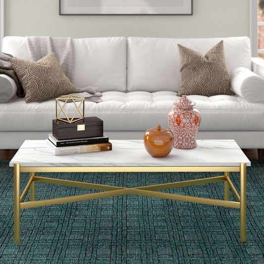 Hudson & Canal - Braxton 46in Wide Rectangular Coffee Table with Faux Marble Top in Gold - CT0865 veiw 2