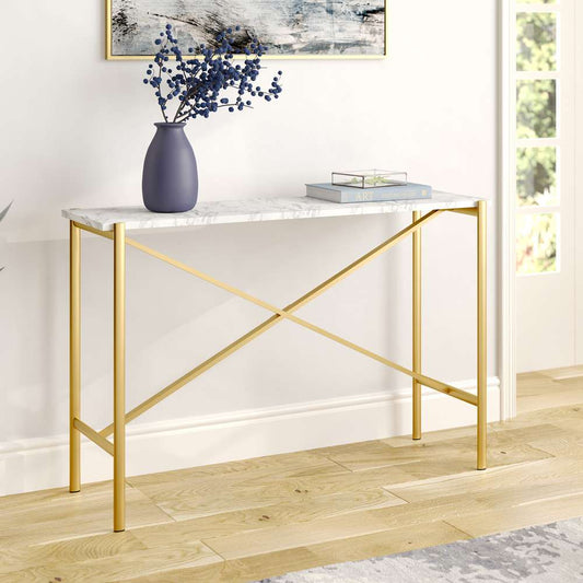 Hudson & Canal - Braxton 46in Wide Rectangular Console Table with Faux Marble Top in Gold - AT0864 veiw 2
