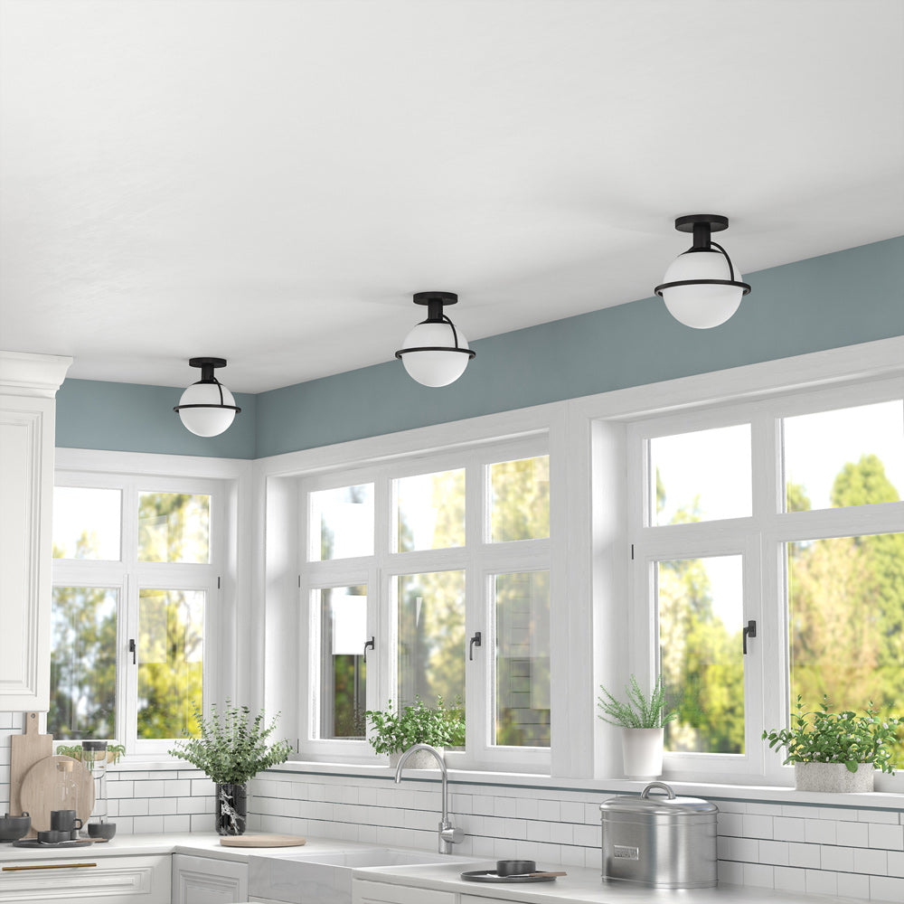 Hudson & Canal - Cieonna 9.25in Wide Semi Flush Mount with Glass Shade in Blackened Bronze/White - SF1774