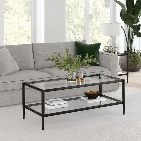 Hudson & Canal - Hera 45in Wide Rectangular Coffee Table with Glass Shelf in Blackened Bronze - CT0485 veiw 2
