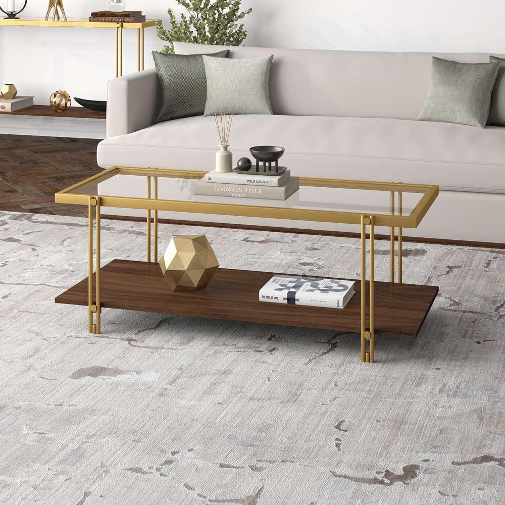 Hudson & Canal - Inez 45in Wide Rectangular Coffee Table with MDF Shelf in Brass/Walnut - CT1557 veiw 2
