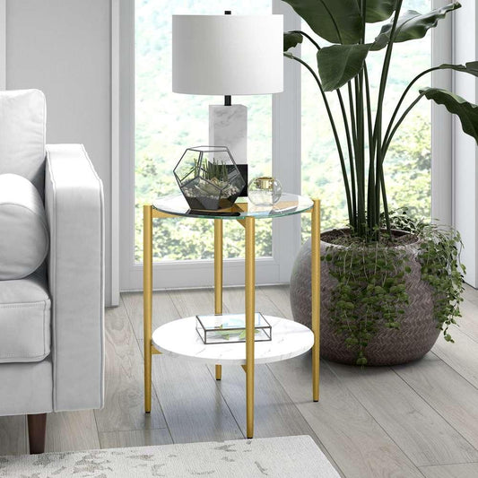 Hudson & Canal - Otto 20in Wide Round Side Table with Faux Marble Shelf in Gold and Faux Marble - ST0837 veiw 2
