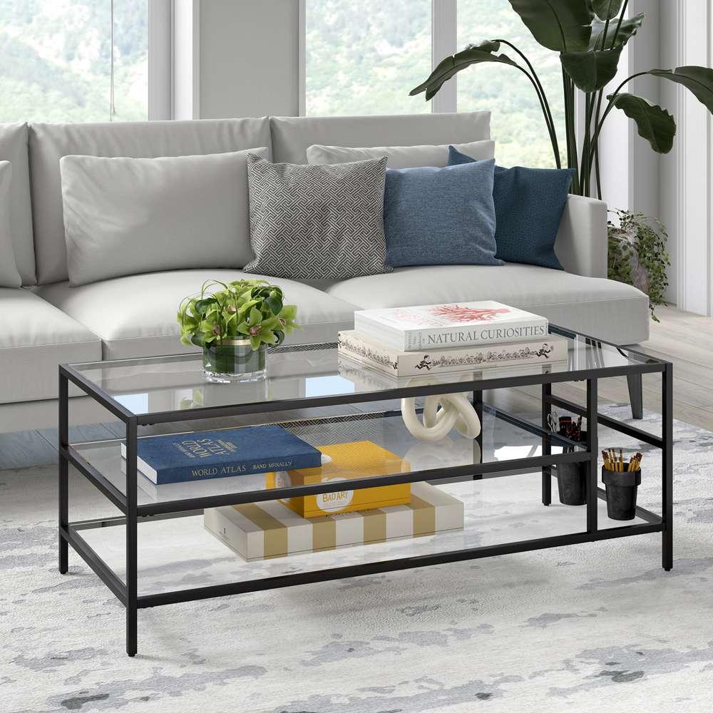 Hudson & Canal - Winthrop 46in Wide Rectangular Coffee Table with Glass Top in Blackened Bronze - CT0772 veiw 2