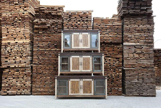 IFD - Antique Multicolor 60in TV Stand w/2 Glass doors w/ 1 middle shelf, 2 Sliding doors, w/2 shelves - IFD962STAND-60 veiw 2