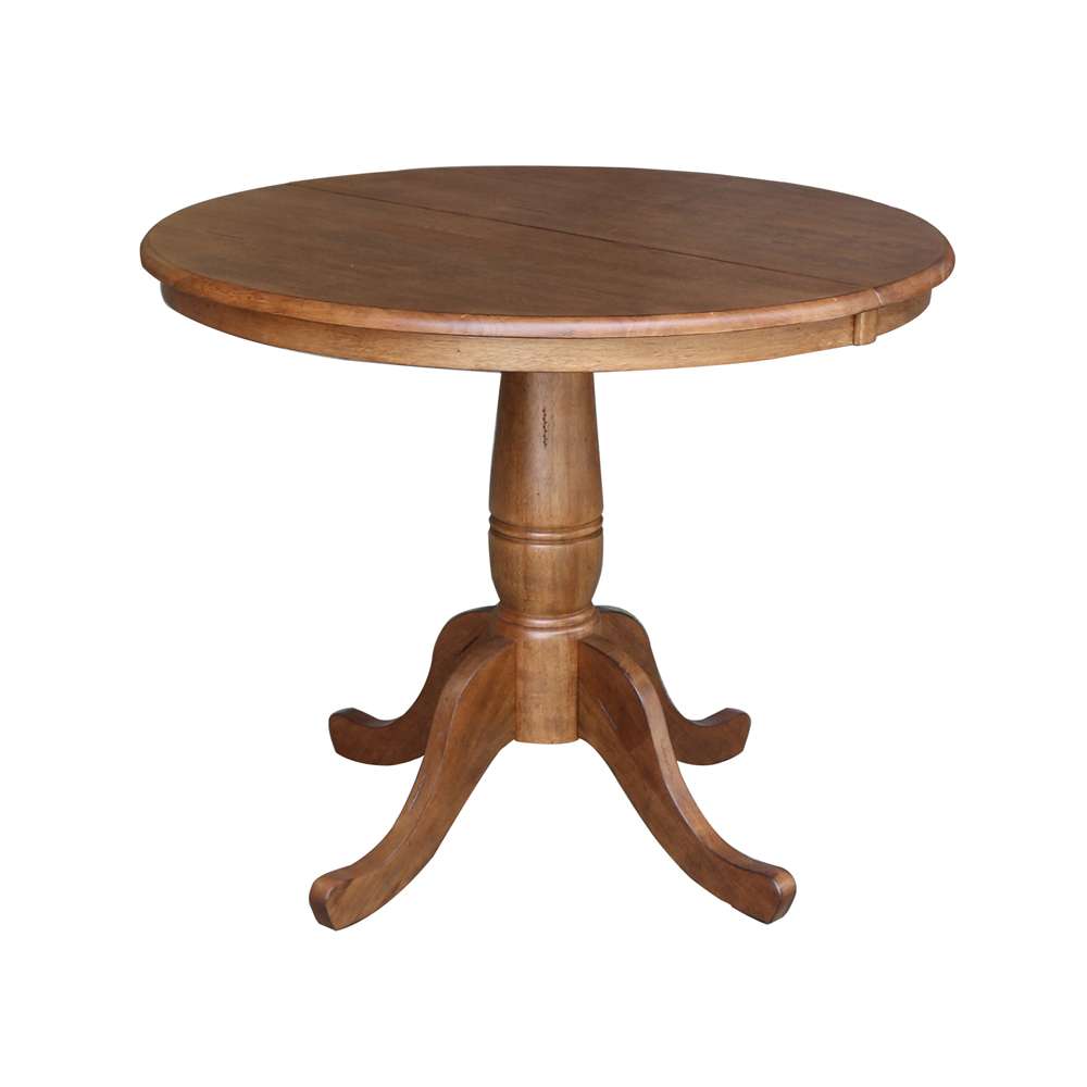 International Concepts - 36in Round Top Ped Table with 12in Leaf - 29.3inH - Dining Height in Distressed Oak Finish - K42-36RXT veiw 1