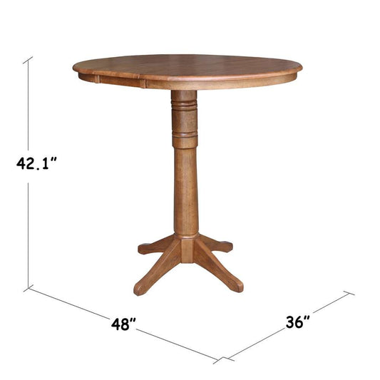 International Concepts - 36in Round Top Ped Table with 12in Leaf - 42.1inH - Bar Height in Distressed Oak Finish - K42-36RXT-27B-6B-2 veiw 2