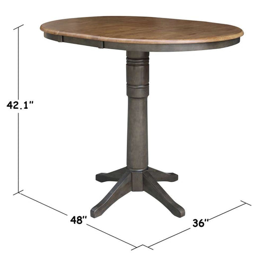 International Concepts - 36in Round Top Ped Table with 12in Leaf - 42.1inH - Bar Height in Hickory/Washed Coal Finish - K45-36RXT-27B-6B-2 veiw 2