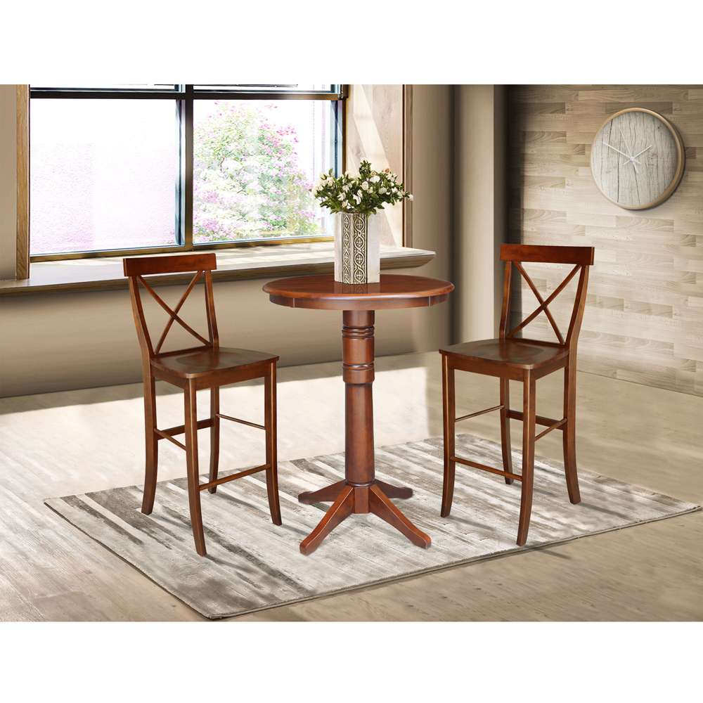 International Concepts (Set of 3 Pcs) - 30in Round Pedestal Bar Height Table with 2 RTA Bar Height Stools in Espresso Finish - K581-30RT-27B-S6133-2 veiw 2