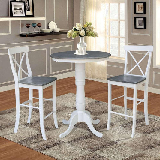 International Concepts (Set of 3 Pcs) - 30in Round Pedestal Bar Height Table with 2 X-Back Bar Height Stools in White/Heather Gray Finish - K05-30RT-6B-S6133-2 veiw 2