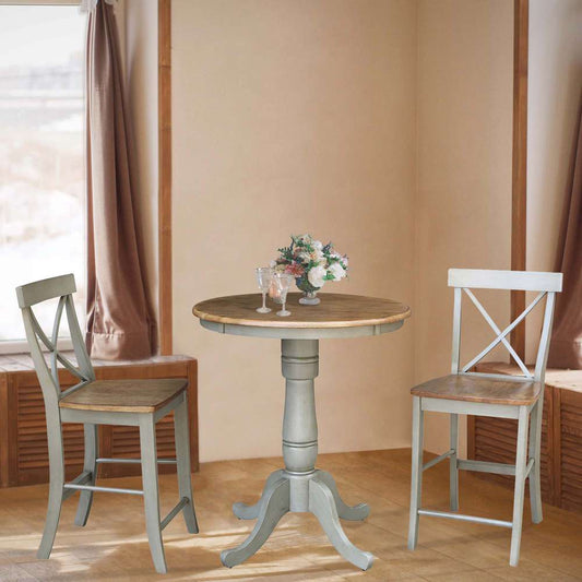 International Concepts (Set of 3 Pcs) - 30in Round Pedestal Gathering Height Table with 2 X-Back Counter Height Stools in Hickory/Stone Finish - K41-30RT-6B-S6132-2 veiw 2