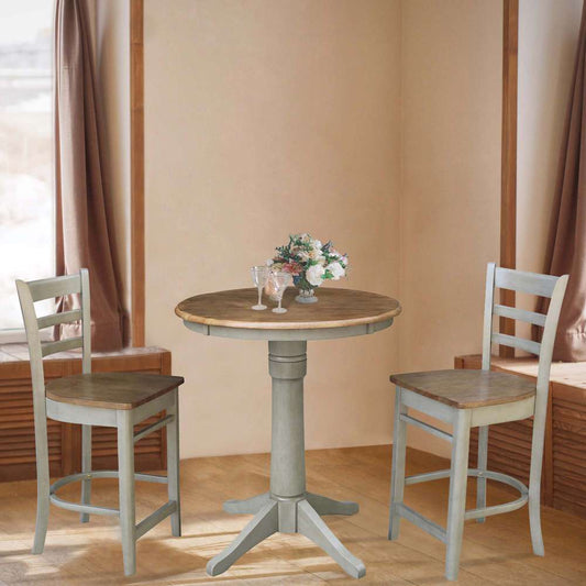 International Concepts (Set of 3 Pcs) - 30in Round Pedestal Gathering Height Table with 2 Emily Counter Height Stools in Hickory/Stone Finish - K41-30RT-27B-S6172-2 veiw 2