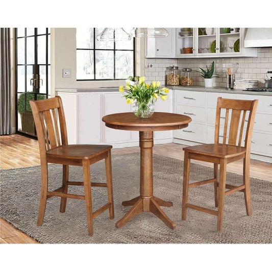 International Concepts (Set of 3 Pcs) - 30in Round Pedestal Gathering Height Table with 2 San Remo Counter Height Stools in Distressed Oak Finish - K42-30RT-27B-S102-2 veiw 2