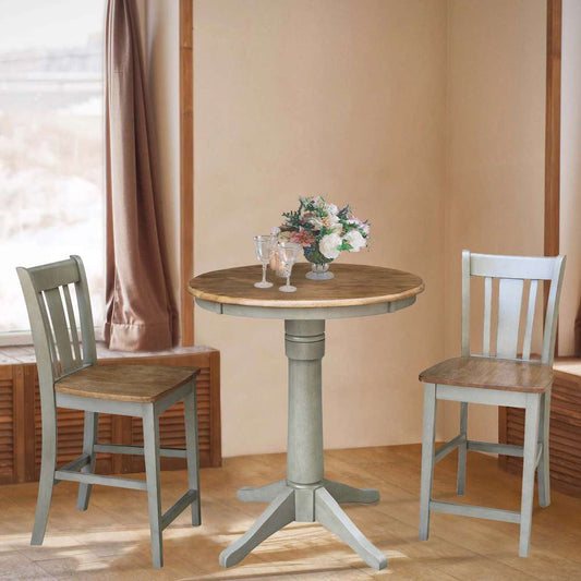 International Concepts (Set of 3 Pcs) - 30in Round Pedestal Gathering Height Table with 2 San Remo Counter Height Stools in Hickory/Stone Finish - K41-30RT-27B-S102-2 veiw 2