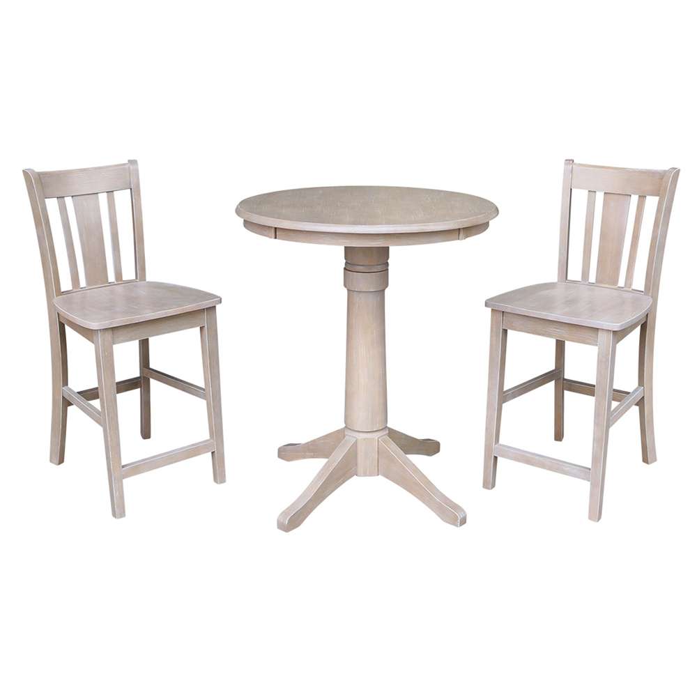 International Concepts (Set of 3 Pcs) - 30in Round Pedestal Gathering Height Table with 2 San Remo Counter Height Stools in Washed Gray Taupe Finish - K09-30RT-27B-6B-S102-2 veiw 1