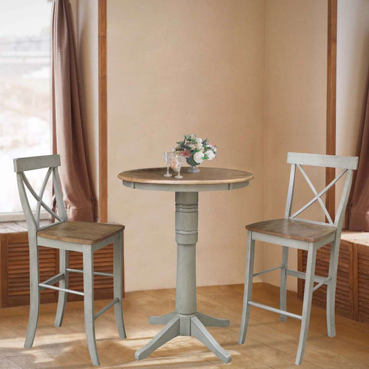 International Concepts (Set of 3 Pcs) - 30in Round Pedestal Bar Height Table with 2 X-Back Bar Height Stools in Hickory/Stone Finish - K41-30RT-27B-S6133-2 veiw 2