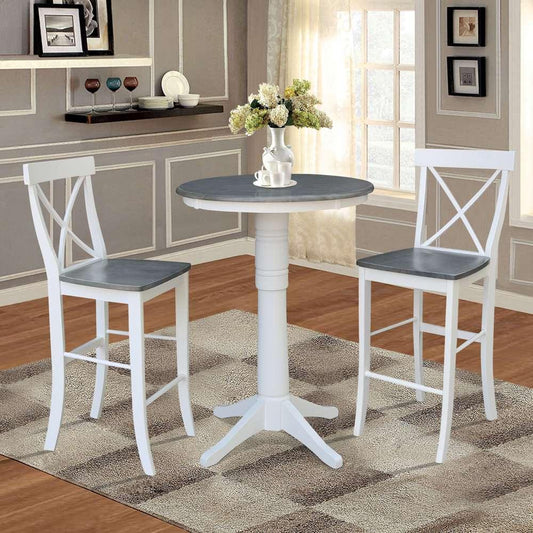International Concepts (Set of 3 Pcs) - 30in Round Pedestal Bar Height Table with 2 X-Back Bar Height Stools in White/Heather Gray Finish - K05-30RT-27B-S6133-2 veiw 2