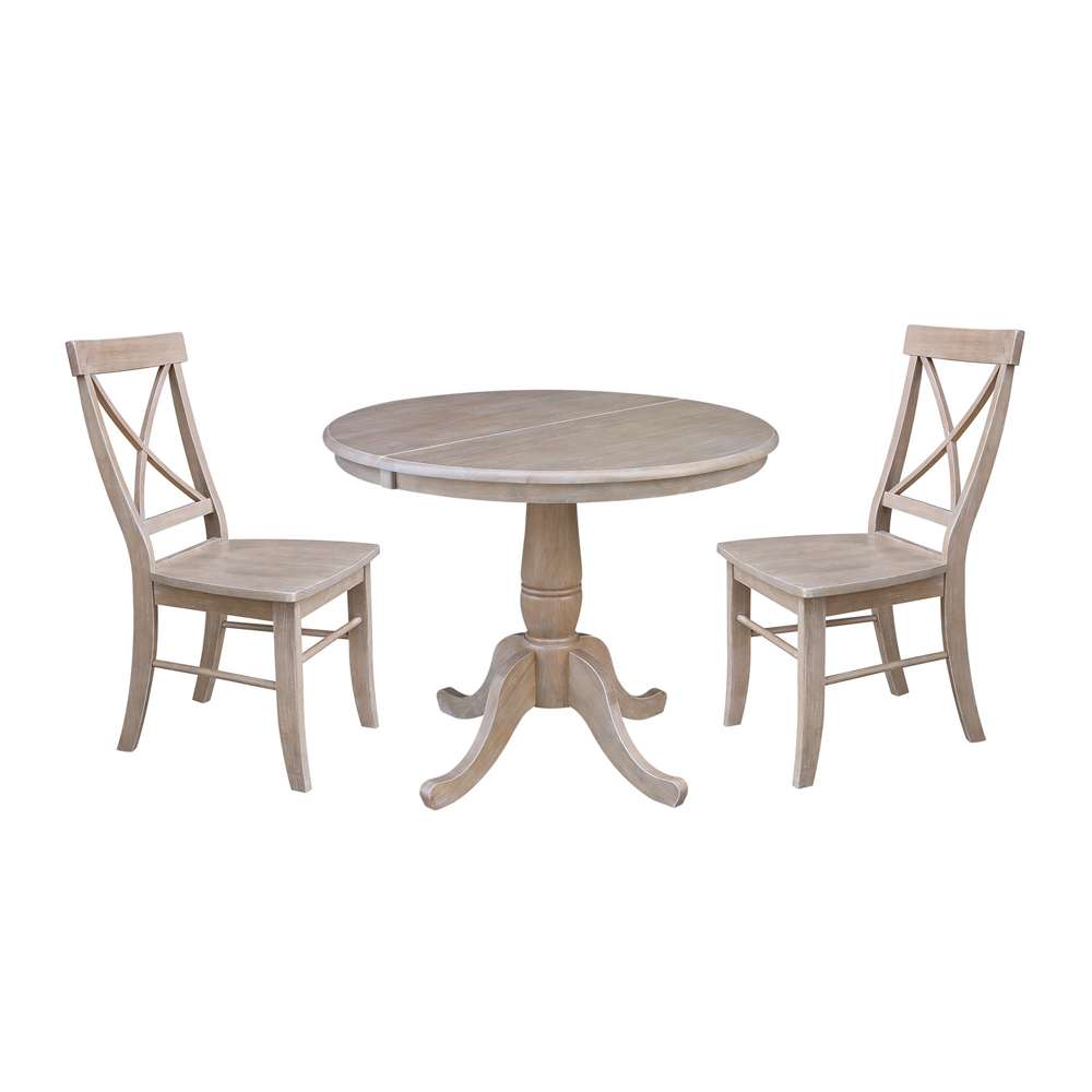 International Concepts (Set of 3 Pcs) - 36in Round Extension Dining Table with 2 RTA Chairs in Washed Gray Taupe Finish - K09-36RXT-C613-2 veiw 1