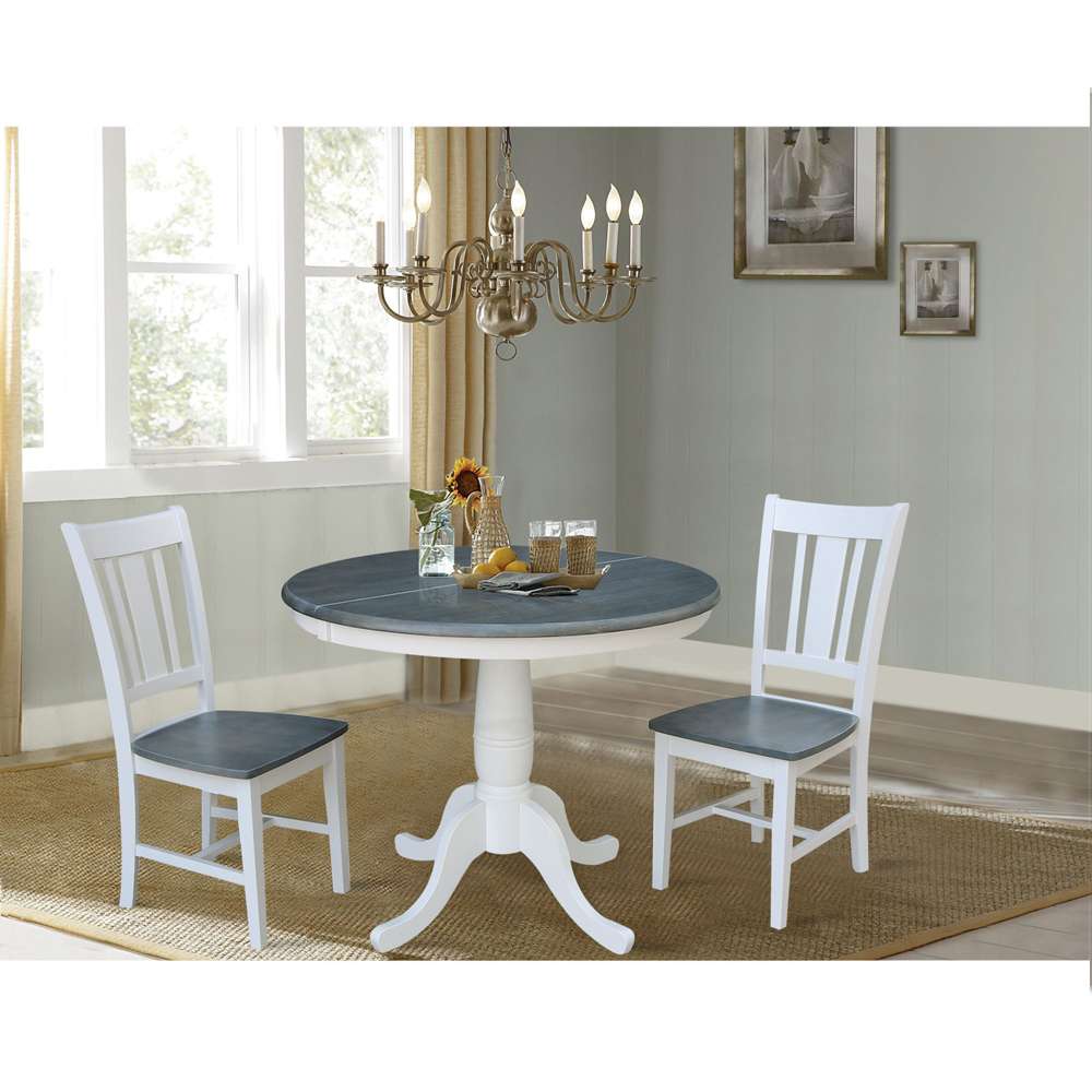 International Concepts (Set of 3 Pcs) - 36in Round Extension Dining Table with 2 RTA Chairs in White/Heather Gray Finish - K05-36RXT-C10-2 veiw 3