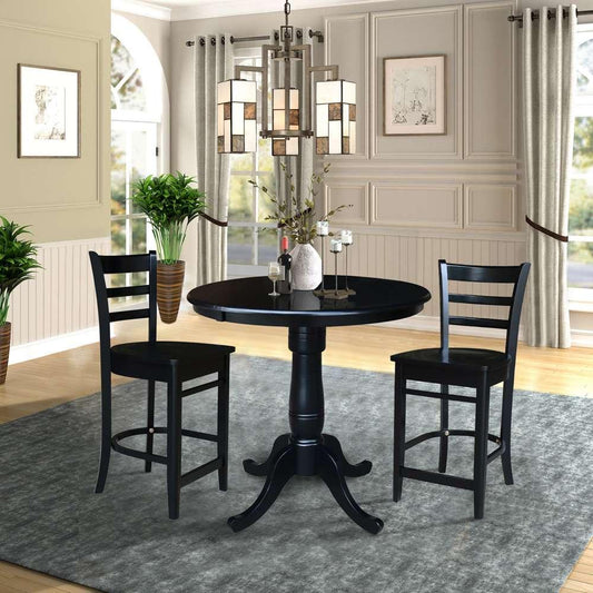 International Concepts (Set of 3 Pcs) - 36in Round Extension Dining Table with 2 Counter Height Stools in Black Finish - K46-36RXT-S6172-2 veiw 2