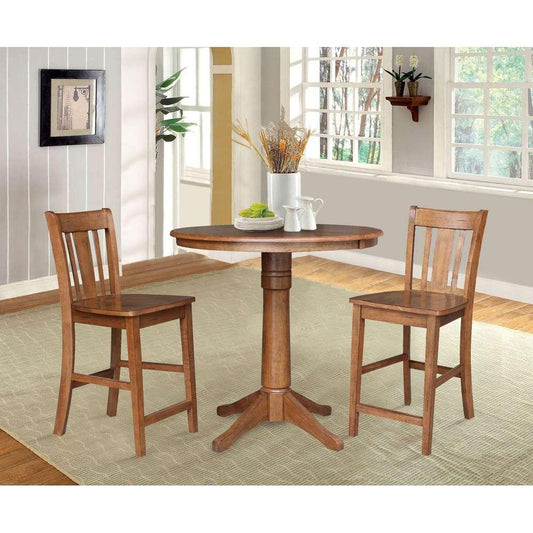 International Concepts (Set of 3 Pcs) - 36in Round Extension Dining Table with 2 San Remo Counter Height Stools in Distressed Oak Finish - K42-36RXT-27B-S102-2 veiw 2
