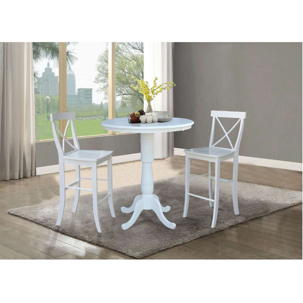 International Concepts (Set of 3 Pcs) - 36in Round Extension Dining Table with 2 X-Back Bar Height Stools in White Finish - K08-36RXT-S6133 veiw 3