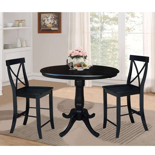 International Concepts (Set of 3 Pcs) - 36in Round Extension Dining Table with 2 X-Back Counter Height Stools in Black Finish - K46-36RXT-S6132-2 veiw 2