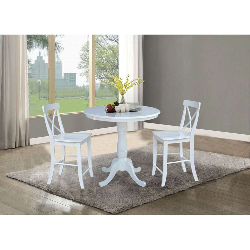 International Concepts (Set of 3 Pcs) - 36in Round Extension Dining Table with 2 X-Back Counter Height Stools in White Finish - K08-36RXT-S6132 veiw 3