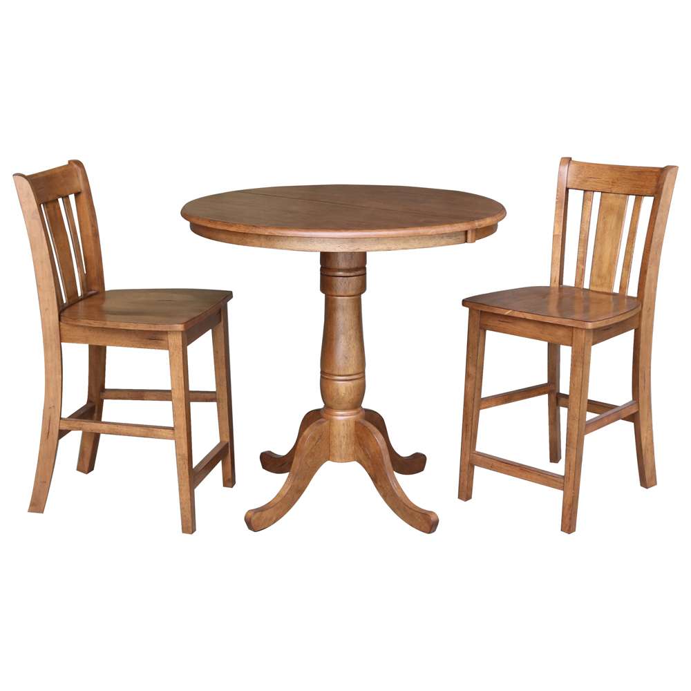 International Concepts (Set of 3 Pcs) - 36in Round Extension Dining Table with 2 San Remo Counter Height Stools in Distressed Oak Finish - K42-36RXT-6B-S102-2 veiw 1