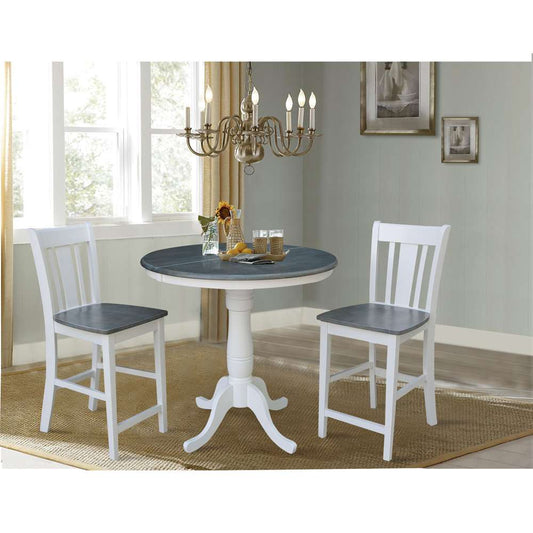 International Concepts (Set of 3 Pcs) - 36in Round Extension Dining Table with 2 San Remo Counter Height Stools in White/Heather Gray Finish - K05-36RXT-6B-S102-2 veiw 2