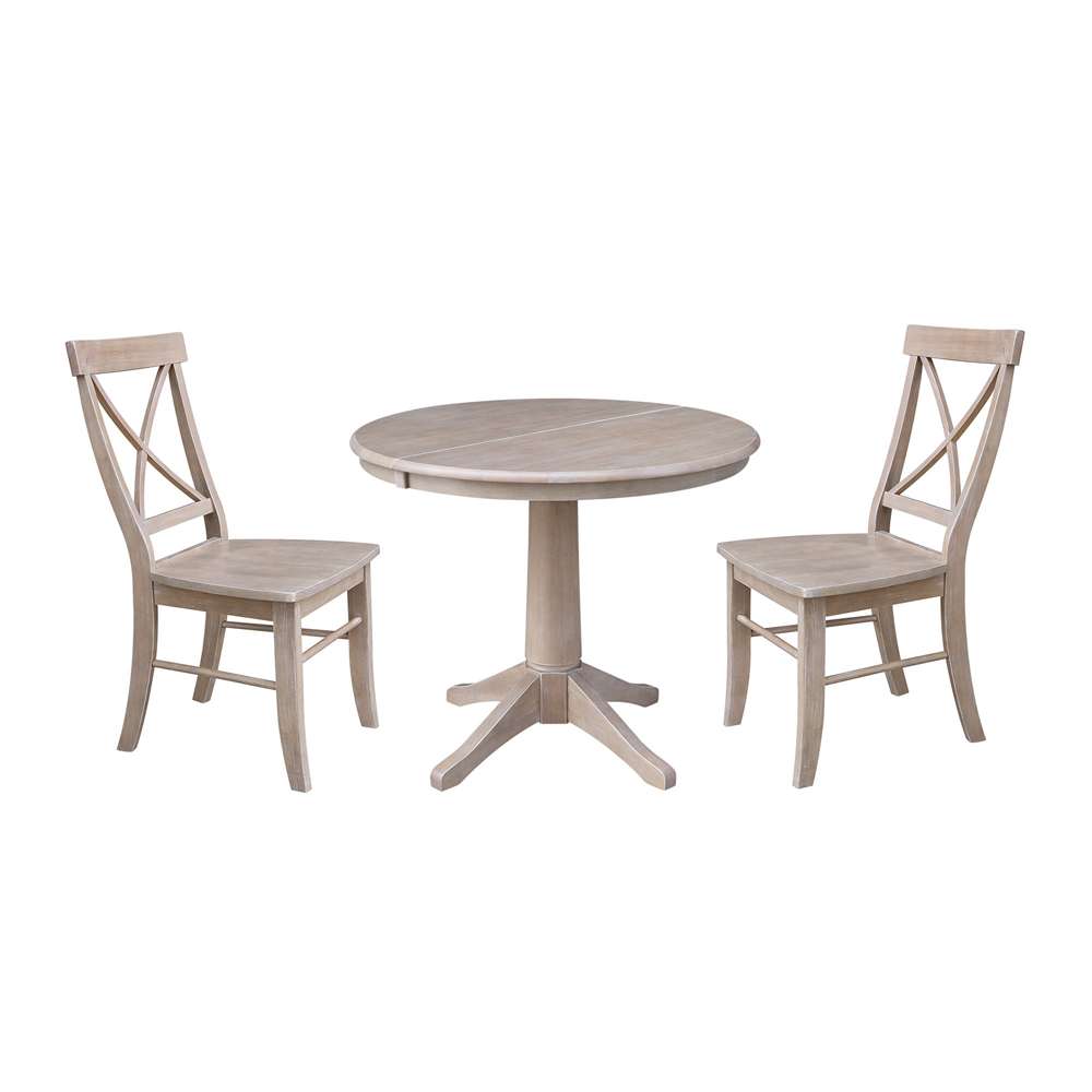 International Concepts (Set of 3 Pcs) - 36in Round Extension Dining Table with 2 X-Back Chairs in Washed Gray Taupe Finish - K09-36RXT-27B-C613-2 veiw 1