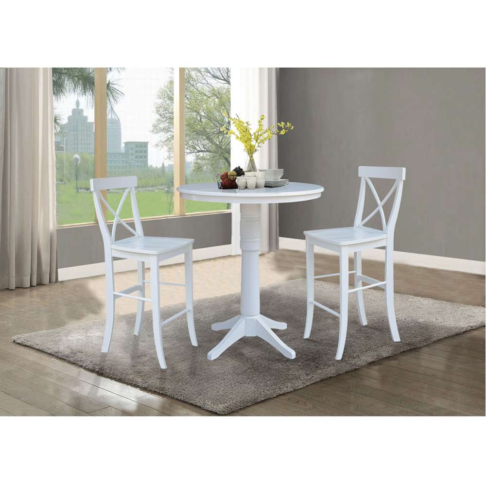 International Concepts (Set of 3 Pcs) - 36in Round Extension Dining Table with 2 X-Back Bar Height Stools in White Finish - K08-36RXT-27B-S6133 veiw 2