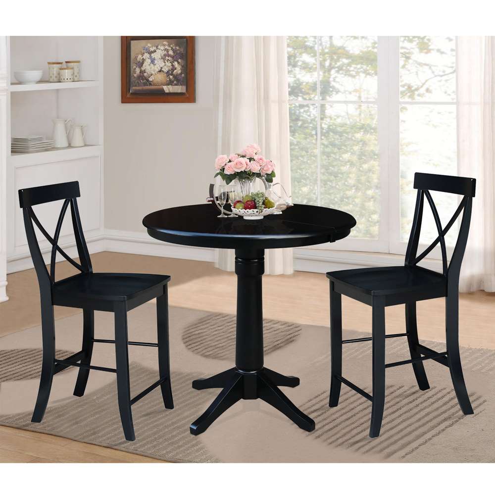 International Concepts (Set of 3 Pcs) - 36in Round Extension Dining Table with 2 X-Back Counter Height Stools in Black Finish - K46-36RXT-27B-S6132-2 veiw 2