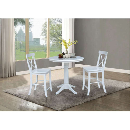 International Concepts (Set of 3 Pcs) - 36in Round Extension Dining Table with 2 X-Back Counter Height Stools in White Finish - K08-36RXT-27B-S6132 veiw 2