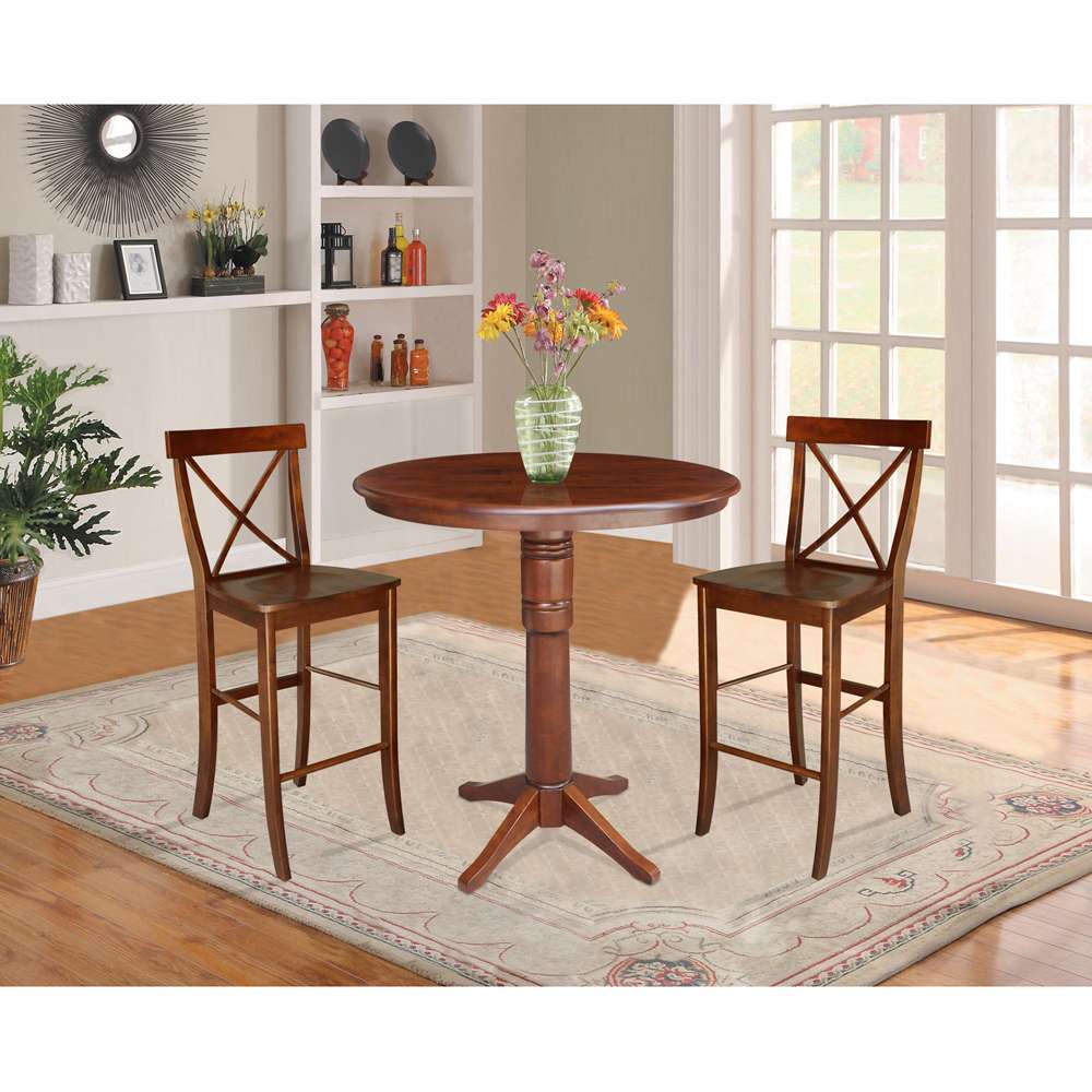 International Concepts (Set of 3 Pcs) - 36in Round Pedestal Bar Height Table with 2 RTA Bar Height Stools in Espresso Finish - K581-36RT-27-S6133-2 veiw 2