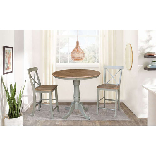 International Concepts (Set of 3 Pcs) - 36in Round Pedestal Gathering Height Table with 2 X-Back Counter Height Stools in Hickory/Stone Finish - K41-36RT-6B-S6132-2 veiw 2