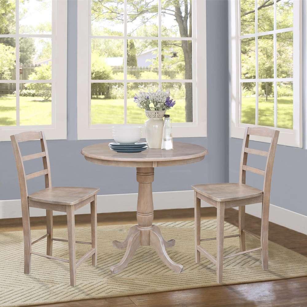 International Concepts (Set of 3 Pcs) - 36in Round Pedestal Gathering Height Table with 2 RTA Counter Height Stools in Washed Gray Taupe Finish - K09-36RT-6B-S402-2 veiw 2