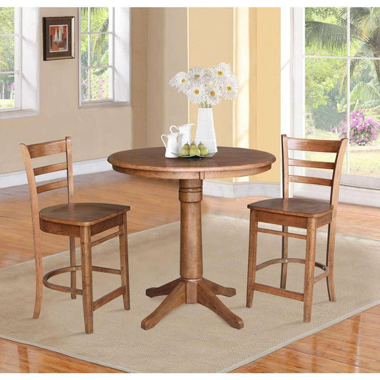 International Concepts (Set of 3 Pcs) - 36in Round Pedestal Gathering Height Table with 2 Emily Counter Height Stools in Distressed Oak Finish - K42-36RT-27B-S6172-2 veiw 2