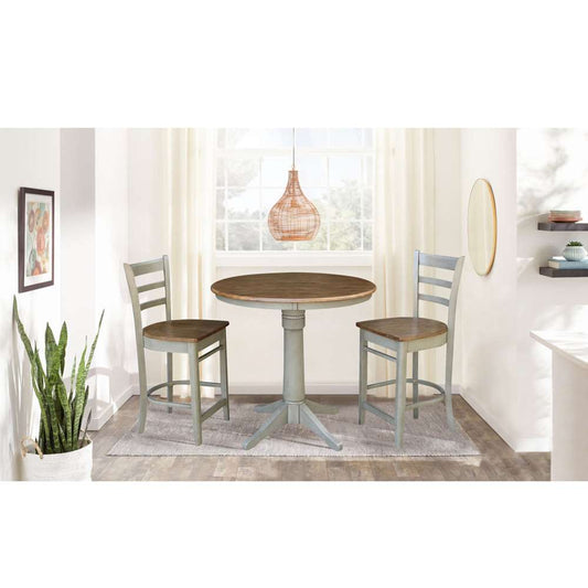 International Concepts (Set of 3 Pcs) - 36in Round Pedestal Gathering Height Table with 2 Emily Counter Height Stools in Hickory/Stone Finish - K41-36RT-27B-S6172-2 veiw 2